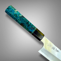 Custom Tadokoro Nakagawa Aogami 2 Santoku 180 mm Hon Kasumi Finish - Box elder burl and buffalo horn