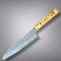 Custom Hatsukokoro Nigara Ryusui B2 Damascus Tsuchime Gyuto 240 mm - Canadian yellow cedar burl