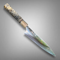 CustomTakeshi Saji Rainbow Ao 2 Damascus 150mm petty - Buckeye burl and marbled horn