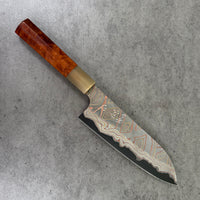 Custom Hatsukokoro Nigara Dark Irodori B2 rainbow Santoku : Asian Ironwood burl and blonde horn