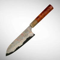 Custom Hatsukokoro Nigara Dark Irodori B2 rainbow Santoku : Asian Ironwood burl and blonde horn