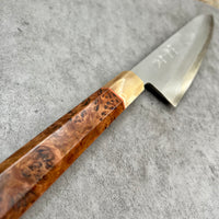 Custom Shigeki Tanaka Ginsan Nishiiji Gyuto 240mm - Rustic Japanese elm burl and blonde horn