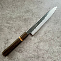 Custom Tadokoro x Tanaka Aogami Super Petty 150mm Kurouchi Finish - Bog oak and spalted hackberry
