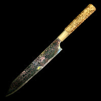 Custom Nigara Hamono Rainbow Damascus B2 Sujihiki 255mm - Two tone amboyna burl and horn
