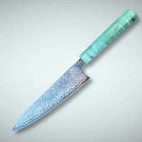 Custom Hatsukokoro Hikari SLD Damascus Gyuto 195 mm: Ocean blue curly maple