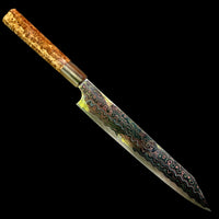 Custom Nigara Hamono Rainbow Damascus B2 Sujihiki 255mm - Two tone amboyna burl and horn