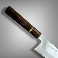 Custom Tadokoro x Tanaka Aogami Super Tall Gyuto 255mm Hon Kasumi Finish - Macassar Ebony, bronze and nickel-silver