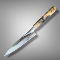 CustomTakeshi Saji Rainbow Ao 2 Damascus 150mm petty - Buckeye burl and marbled horn