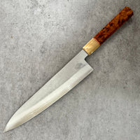 Custom Shigeki Tanaka Ginsan Nishiiji Gyuto 240mm - Rustic Japanese elm burl and blonde horn