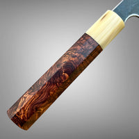 Sugi Tadokoro Tanaka Aogami Super Gyuto 240 Kurouchi Finish - Dark Cocobolo burl and blonde
