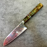 Custom Tsunehisa Nami AUS10 Damascus Santoku 165mm - Double dyed maple burl