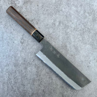 Mutsumi Hinoura Nashiji Stainless clad Shirogami 2 Nakiri 165mm with burnt chestnut