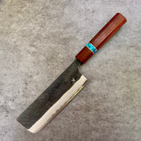 Custom Yu Kurosaki Fujin Aogami Super Hammered 165 Nakiri - Honduran Rosewood and Turquoise tru-stone