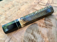 Custom Japanese Knife Handle (Wa Handle) - Burnt Curly Ash with Bronze Inlay and Buffalo Horn