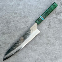 Custom Yu Kurosaki Fujin VG10 Hammered 240mm (10”) Gyuto Chef Knife- Green dyed Karelian birch and turquoise