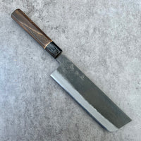 Mutsumi Hinoura Nashiji Stainless clad Shirogami 2 Nakiri 180mm with burnt chestnut