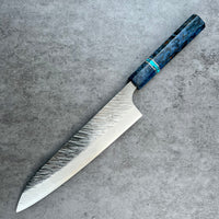 Custom Yu Kurosaki Fujin VG10 Hammered 210mm (8”) Gyuto Chef Knife - Blue dyed Karelian birch and turquoise