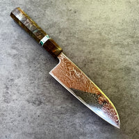 Custom Tsunehisa Nami AUS10 Damascus Santoku 165mm - Double dyed maple burl