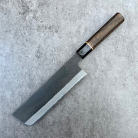 Mutsumi Hinoura Nashiji Stainless clad Shirogami 2 Nakiri 180mm with burnt chestnut