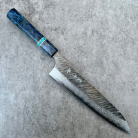 Custom Yu Kurosaki Fujin VG10 Hammered 210mm (8”) Gyuto Chef Knife - Blue dyed Karelian birch and turquoise