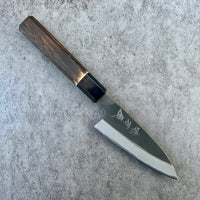 Mutsumi Hinoura Nashiji Stainless clad Shirogami 2 Petty 100mm with burnt chestnut