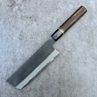 Mutsumi Hinoura Nashiji Stainless clad Shirogami 2 Nakiri 165mm with burnt chestnut