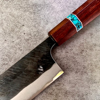 Custom Yu Kurosaki Fujin Aogami Super Hammered 165 Nakiri - Honduran Rosewood and Turquoise tru-stone