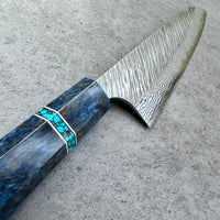 Custom Yu Kurosaki Fujin VG10 Hammered 210mm (8”) Gyuto Chef Knife - Blue dyed Karelian birch and turquoise