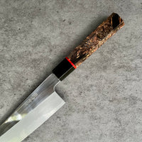 Custom Hatsukokoro Komorebi B2 Gyuto 210mm - Yellow Cedar Burl with vintage poker chip
