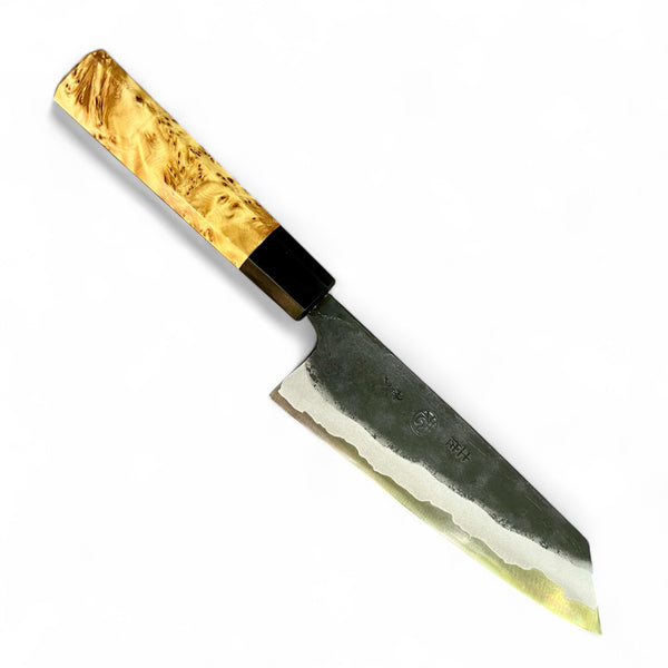 Custom Kyohei Shindo Iron clad Aogami Kurouchi Bunka 165mm - Canadian Yellow Cedar Burl and Buffalo horn