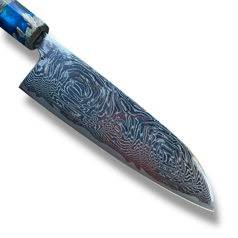 Custom Tsunehisa Nami AUS10 Damascus Santoku 165mm - Dyed maple burl