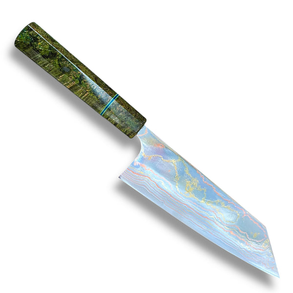 Custom Takeshi Saji Rainbow Ao 2 Damascus Bunka 180mm - Dyed black ash burl