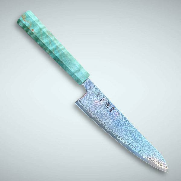 Custom Hatsukokoro Hikari SLD Damascus Gyuto 195 mm: Ocean blue curly maple