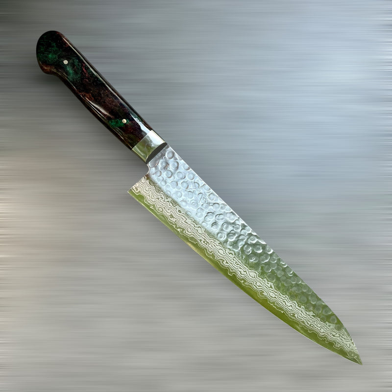 Custom Tsunehisa VG10 Damascus Hammered Western Gyuto 240 - Double dyed big leaf maple burl