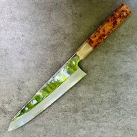 Custom Tadokoro Nakagawa Aogami B1 Damascus Gyuto 240 mm Mirror Finish - Thuya burl and marbled horn