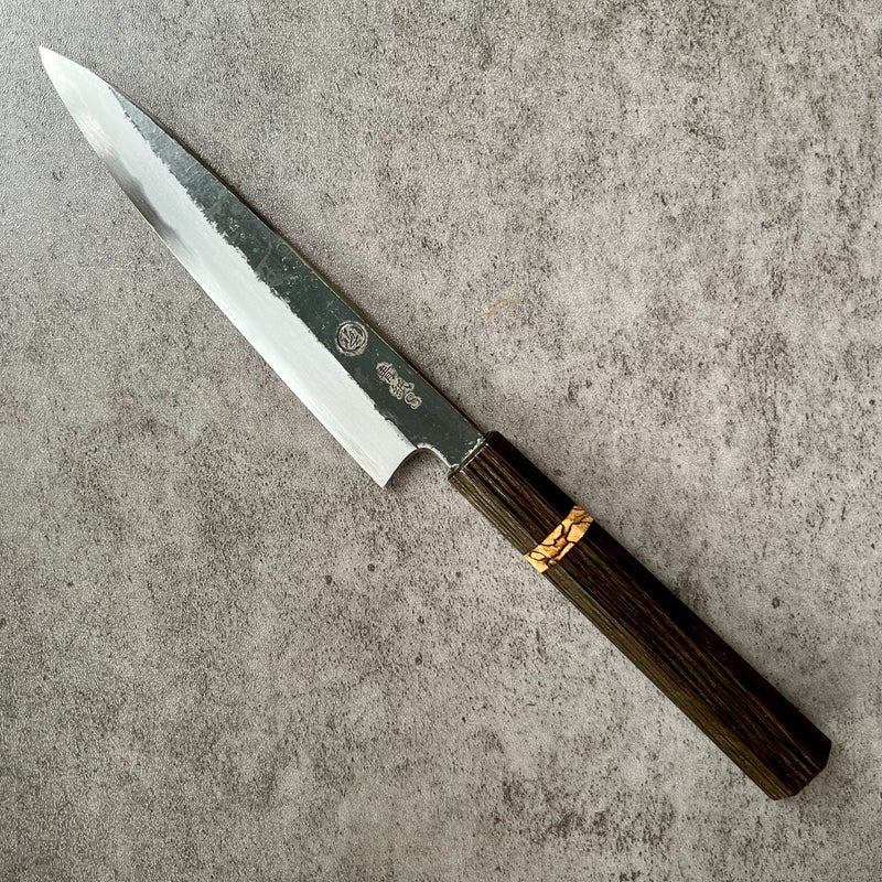 Custom Tadokoro x Tanaka Aogami Super Petty 150mm  Kurouchi Finish - Bog oak and spalted hackberry