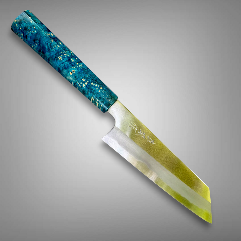 Custom Tadokoro x Tanaka Aogami Super Kiritsuke 180mm : Hon Kasumi - Dyed box elder burl