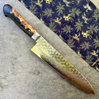 Custom Tsunehisa VG10 Damascus Hammered Western Gyuto 210 - Meiji Era Kimono Silk