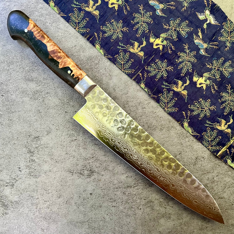 Custom Tsunehisa VG10 Damascus Hammered Western Gyuto 210 - Meiji Era Kimono Silk