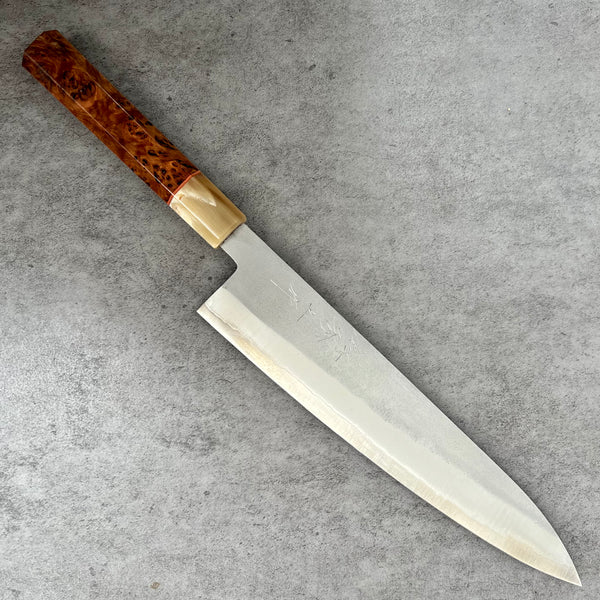 Custom Shigeki Tanaka Ginsan Nishiiji Gyuto 240mm - Rustic Japanese elm burl and blonde horn