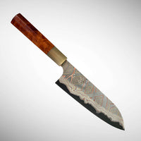Custom Hatsukokoro Nigara Dark Irodori B2 rainbow Santoku : Asian Ironwood burl and blonde horn
