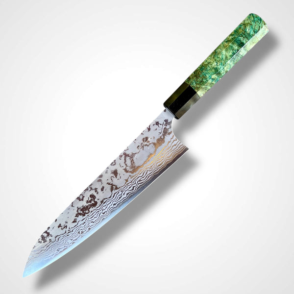 Custom Masakage Kiri VG10 Damascus Gyuto 210: Green Dyed Mango and Horn