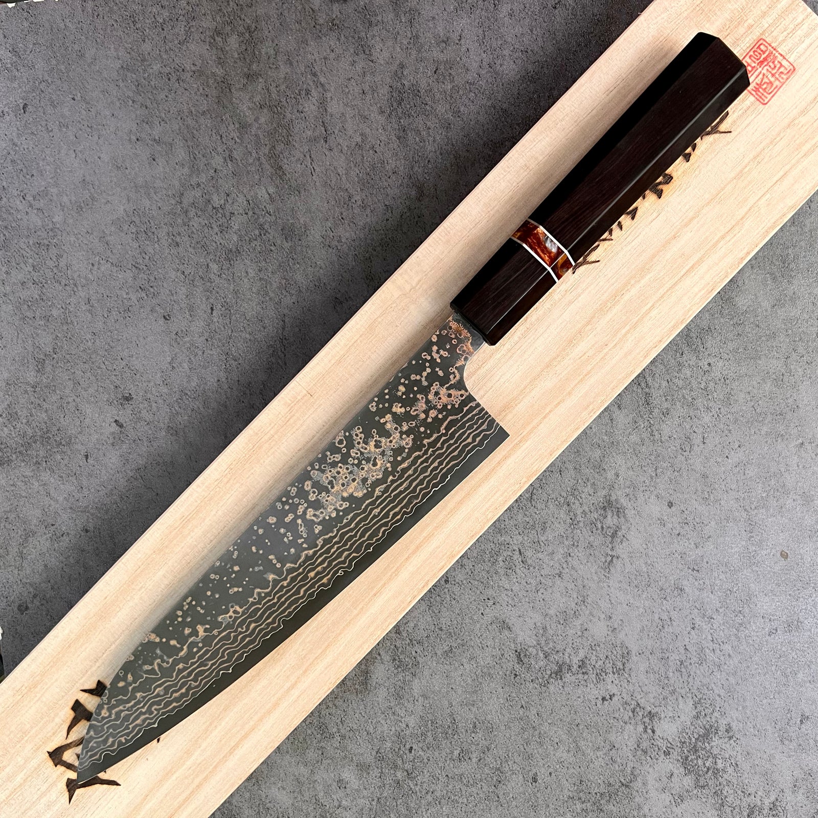 Custom Takeshi Saji VG10W Rainbow Damascus 210mm Gyuto - African