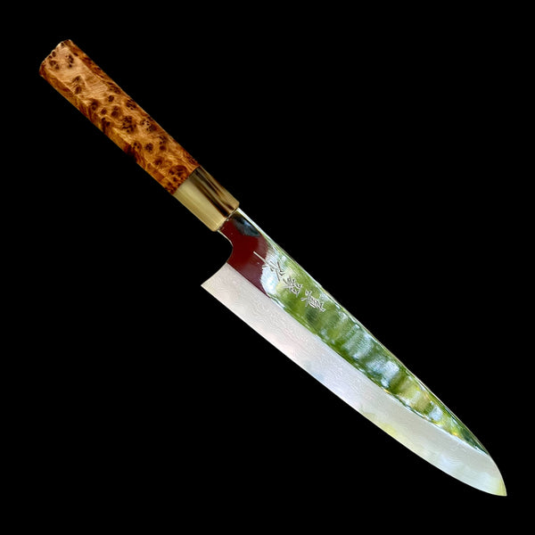 Custom Tadokoro Nakagawa Aogami B1 Damascus Gyuto 240 mm Mirror Finish - Thuya burl and marbled horn