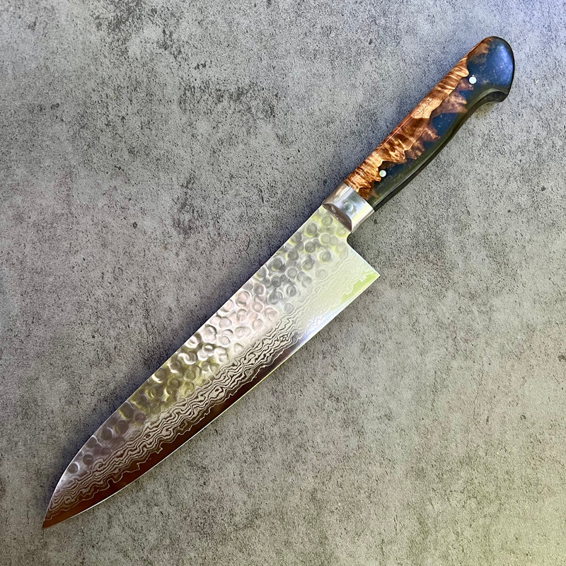 Custom Tsunehisa VG10 Damascus Hammered Western Gyuto 210 - Meiji Era Kimono Silk