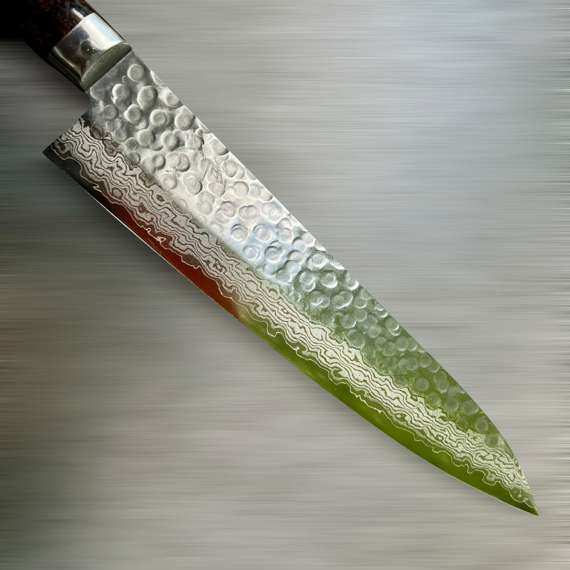 Custom Tsunehisa VG10 Damascus Hammered Western Gyuto 240 - Double dyed big leaf maple burl