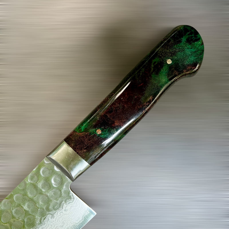 Custom Tsunehisa VG10 Damascus Hammered Western Gyuto 240 - Double dyed big leaf maple burl