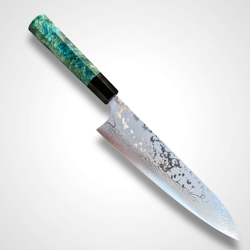 Custom Masakage Kiri VG10 Damascus Gyuto 210: Green Dyed Mango and Horn