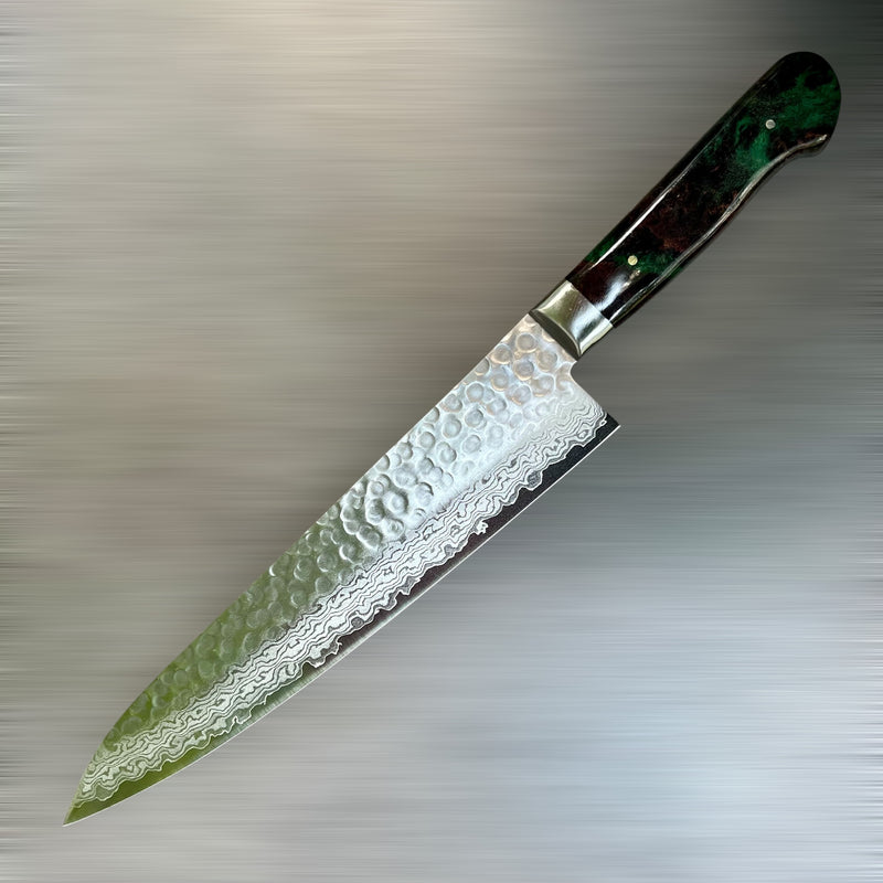 Custom Tsunehisa VG10 Damascus Hammered Western Gyuto 240 - Double dyed big leaf maple burl