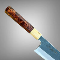 Sugi Tadokoro Tanaka Aogami Super Gyuto 240 Kurouchi Finish - Dark Cocobolo burl and blonde